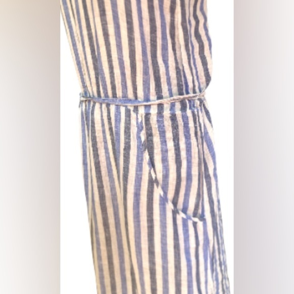 Woolrich Linen Maxi Summer Dress Belt Size Small Blue White Striped - Picture 2 of 9